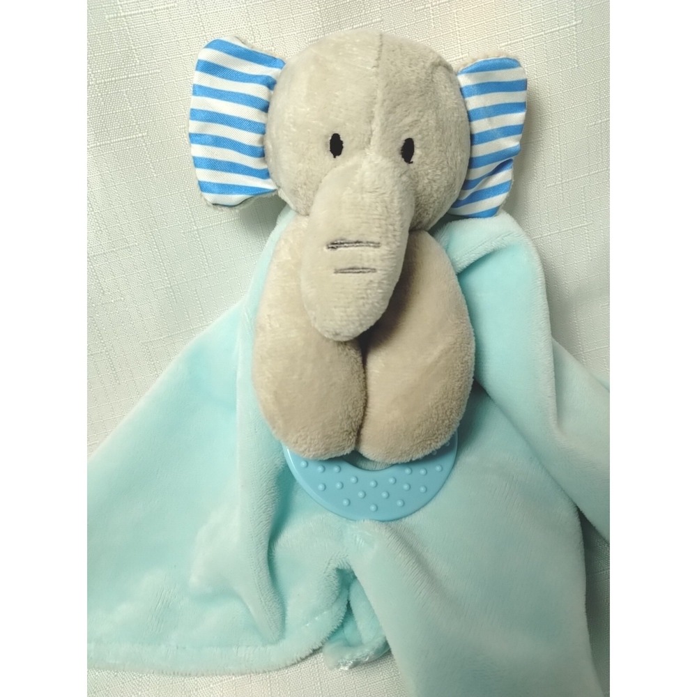 Forever Baby Gray Elephant Teal Blue Security Blanket Lovey Teether Satin 12x12"
